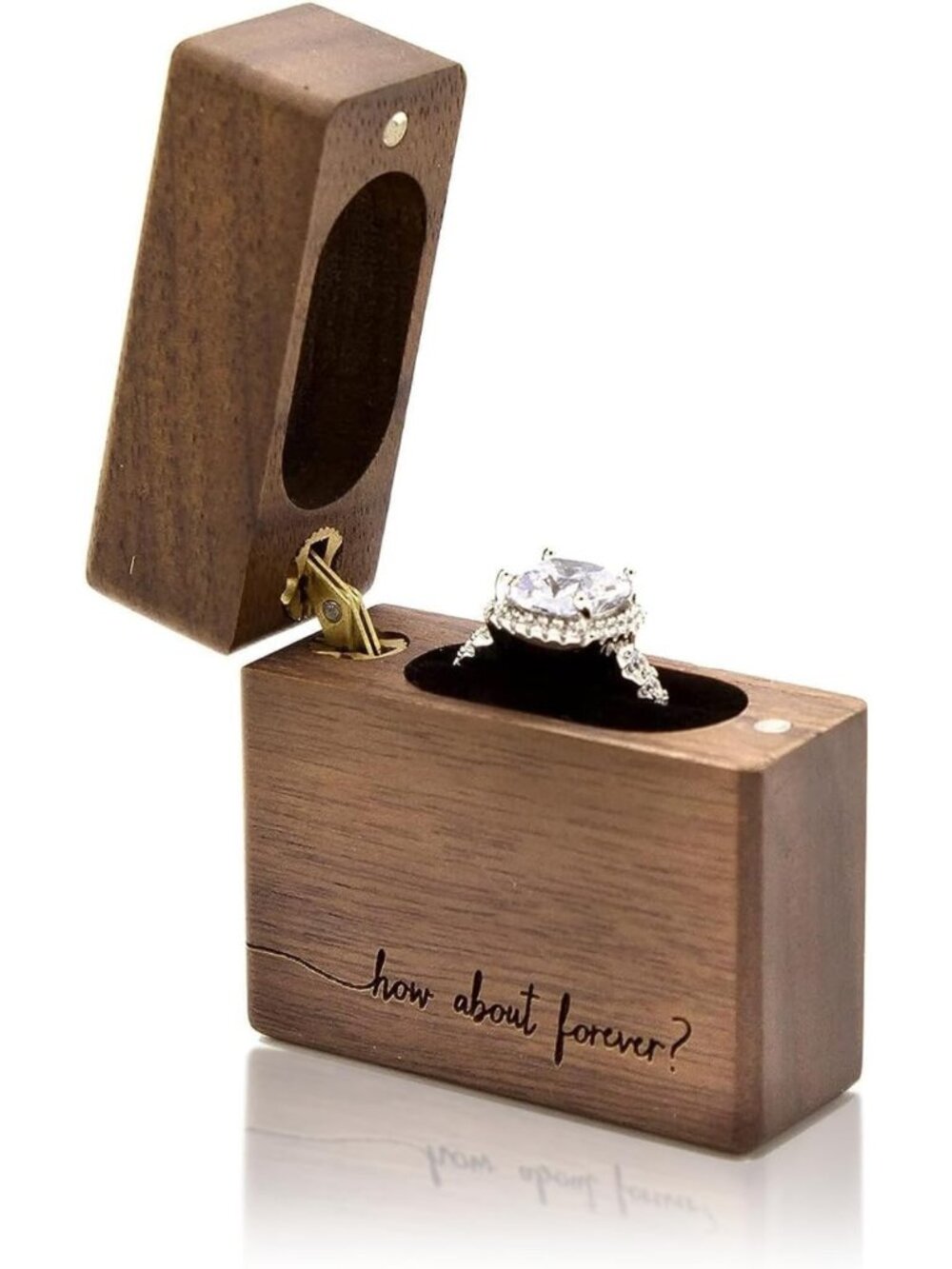 Elegant Slim Walnut Wood Engagement Ring Box - Magnetic Hidden Holder for